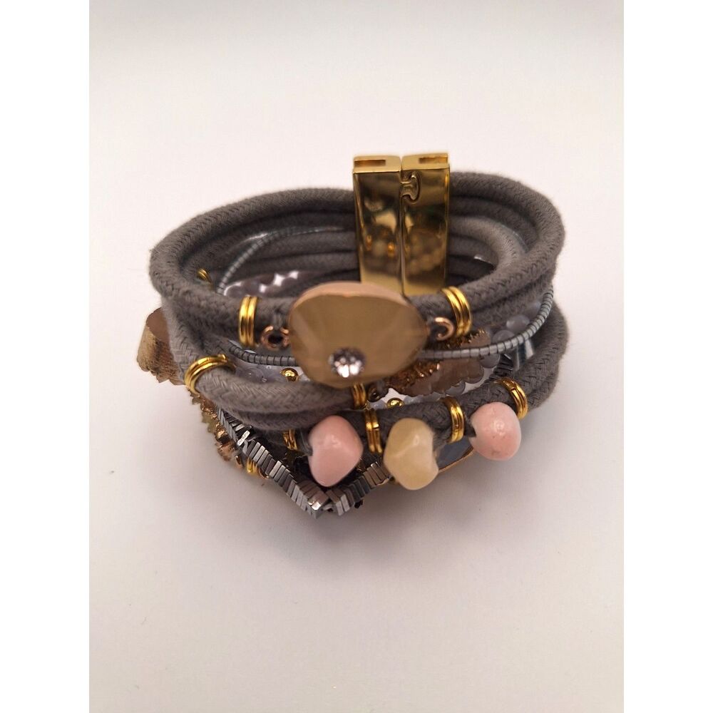 Hipanema multi strand bracelet bohemian ethnic natural stones magnetic gold tone